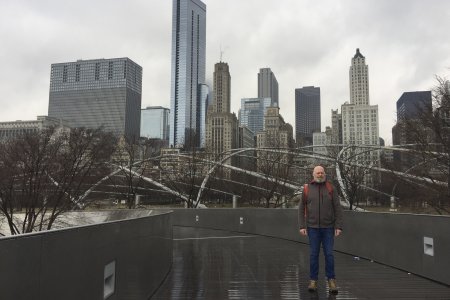 Het Millennium park met daarachter wat wolkenkrabbers