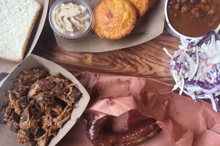 Texas style BBQ, baked beans, corn bread, pulled pork, sausage, cowlslaw