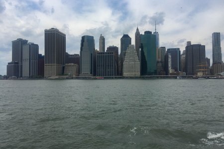 De skyline van Manhattan vanuit het Brooklyn bridge park