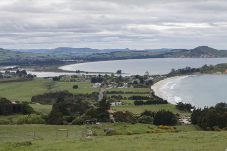 Het uitzicht dat we hebben op weg naar onze cottage nabij Dunedin