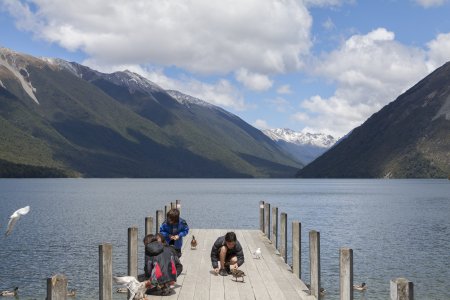 Chinezen voeren de eendjes bij lake Rotoiti