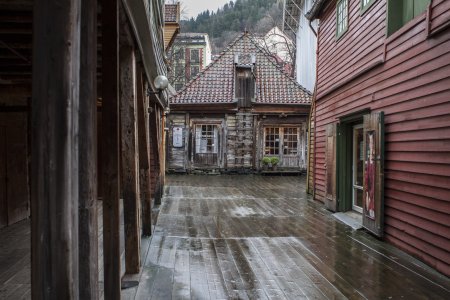 De houten gebouwen van het oudste gedeelte van Bergen, Bryggen