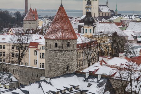 Mooi uitzicht op de besneeuwde daken van de oude stad