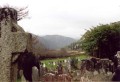 Glendalough3 Uitzicht over de graven, met daarachter 1 van de twee meren. In de verte is nog te zien dat er verse sneeuw op de bergtoppen ligt.